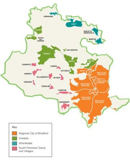 Map showing the Districts settlements colour coded to show grouping by areas