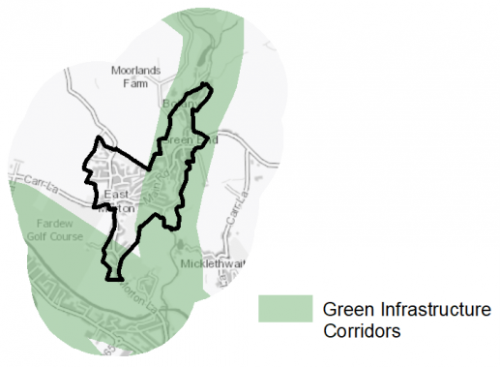 A map indicating the extent of Green Infrastructure Corridors in and around East Morton