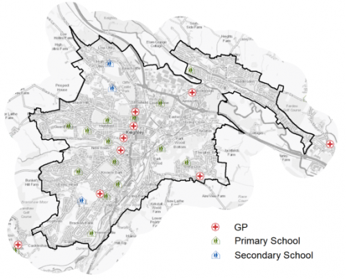 A map indicating the location of primary schools, secondary schools and GP surgeries in and around Keighley