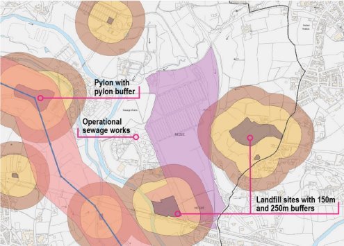 Plan showing location of potential hazards - landfill, pylons