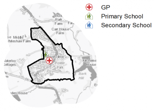 A map indicating the location of primary schools, secondary schools and GP surgeries in Denholme
