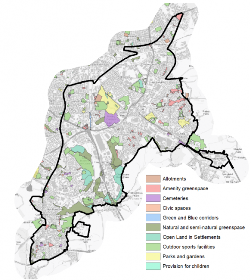 A map showing the different open spaces, together with bar charts indicating the different uses and number of occurrences for open space in and around Bradford South East