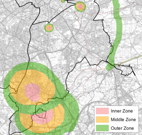 A map showing Major Hazard Site proximity zones in Bradford South East