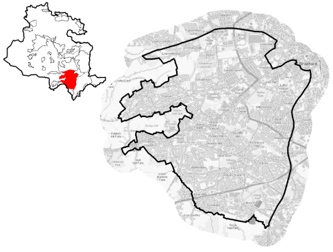A map of Bradford South West 
together with a diagram indicating its location within the Bradford District