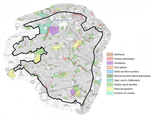 A map indicating various types of Open Spaces in and around Bradford South West