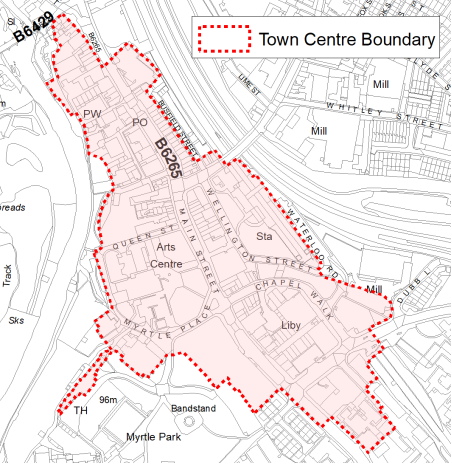 A map showing the extent of Bingley town centre boundary