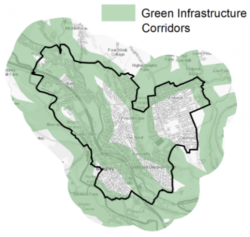 A map indicating the extent of Green Infrastructure Corridors in and around Bingley