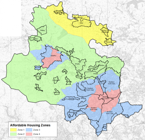 A map showing the affordable housing zones across the District as defined in Policy HO5