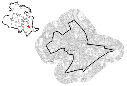 A map of Bradford City Centre together with a diagram indicating its location within the Bradford District