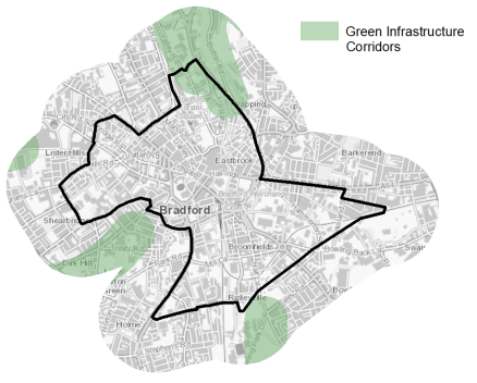 A map indicating the extent of Green Infrastructure Corridors in and around Bradford City Centre
