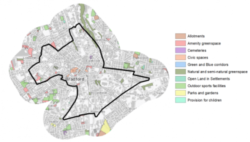 A map showing the different open spaces, together with bar charts indicating the different uses and number of occurrences for open space in and around Bradford City Centre