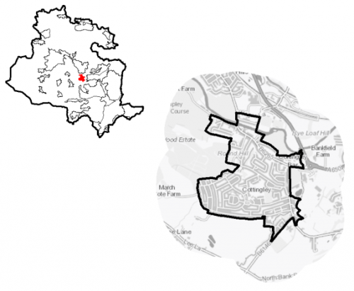 A map of Cottingley together with a diagram indicating its location within the Bradford District 