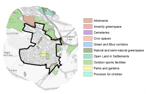 A map indicating the various types of open space in and around Cottingley
