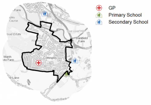 A map indicating the location of primary schools, secondary schools and GP surgeries in and around Cottingley