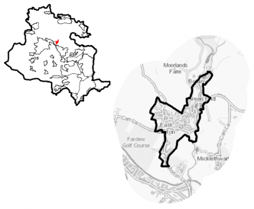 A map of East Morton together with a diagram indicating its location within the Bradford District