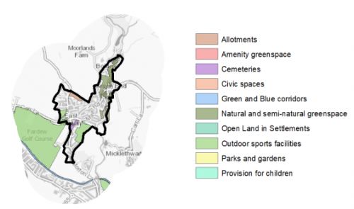 A map indicating the various types of open space in and around East Morton