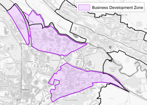 A map showing the boundaries and extent of the two Keighley Business Development Zones