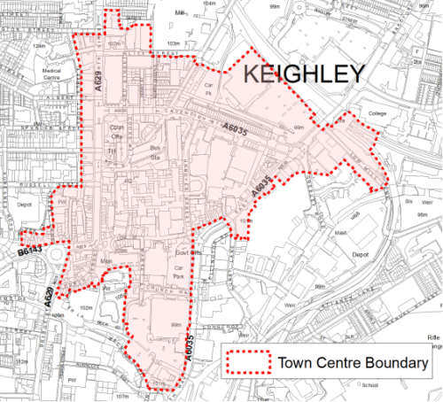 A map indicating the extent of the Keighley Town Centre boundary