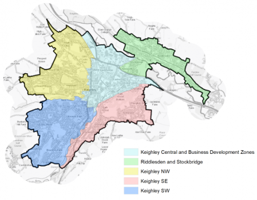 A map of Keighley showing areas covered by the five local area strategies