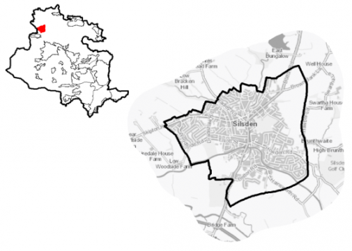 A map of Silsden together with a diagram indicating its location within the Bradford District
