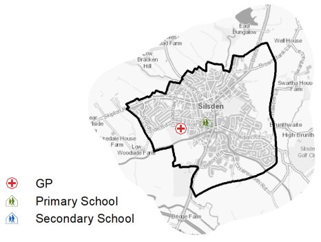 A map indicating the location of primary schools, secondary schools and GP surgeries in Silsden