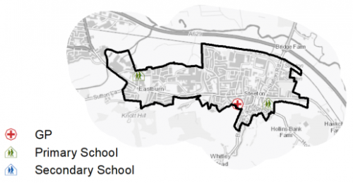 A map indicating the location of primary schools and GP surgeries in Steeton with Eastburn