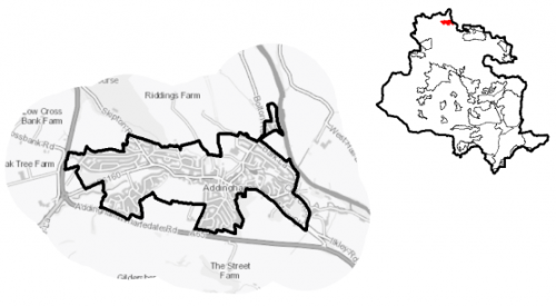 A map of Addingham together with a diagram indicating its location within the Bradford District