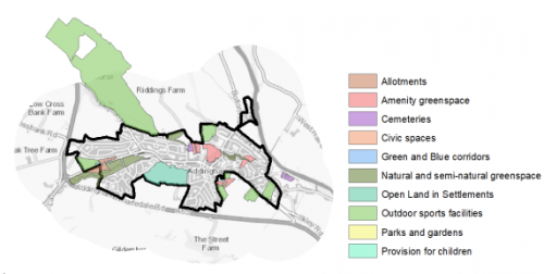 A map showing the different Open Spaces in and around Addingham