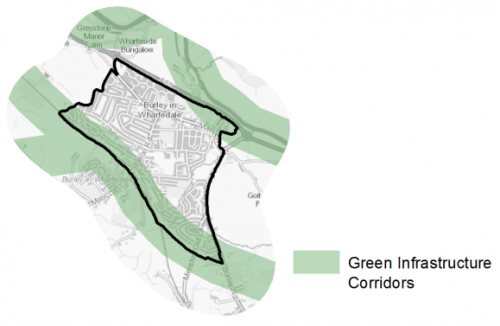 A map indicating the extent of Green Infrastructure Corridors in and around  Burley
