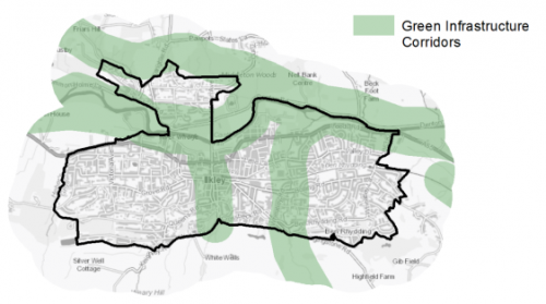 A map indicating the extent of Green Infrastructure Corridors in and around Ilkley