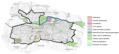 A map showing the different Open Spaces in and around Ilkley