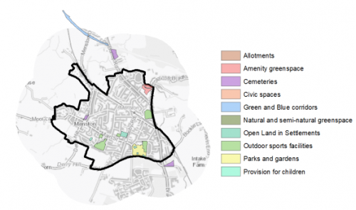 A map showing the different Open Spaces in and around Menston