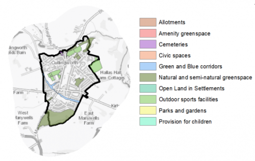 A map indicating the various types of open space in and around Cullingworth