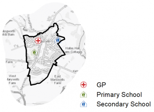 A map indicating the location of primary schools, secondary schools and GP surgeries in Cullingworth 