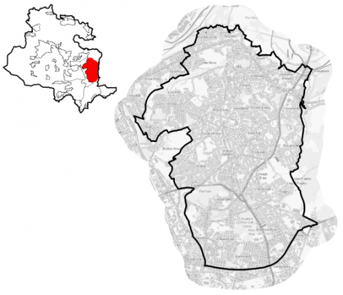 A map of Bradford North East together with a diagram indicating its location within the Bradford District