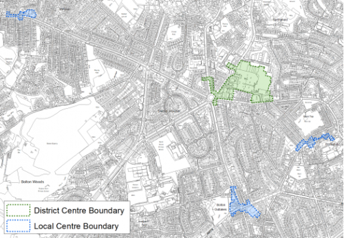 A map showing the extent of Five Lane Ends District Centre and Bolton Junction, Eccleshill and Wrose Local Centres