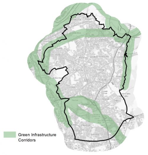A map indicating the extent of Green Infrastructure Corridors in and around North East Bradford