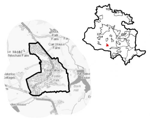 A map of Denholme together with a diagram indicating its location within the Bradford District