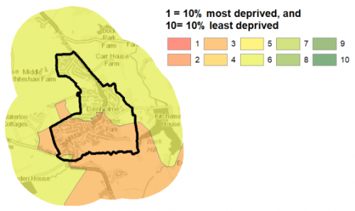 A map indicating areas of Multiple Deprivation in Denholme