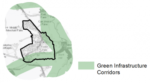A map indicating the extent of Green Infrastructure Corridors in and around Denholme