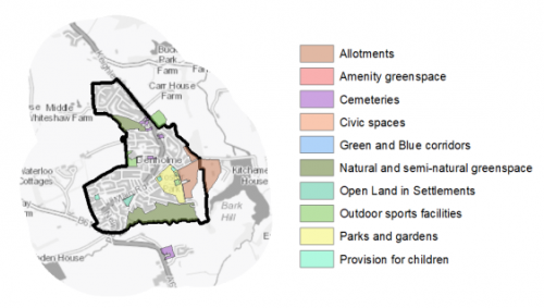 A map indicating the various types of open space in and around Denholme