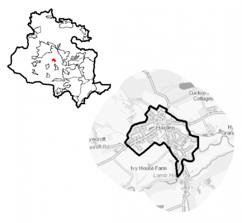 A map of Harden together with a diagram indicating its location within the Bradford District