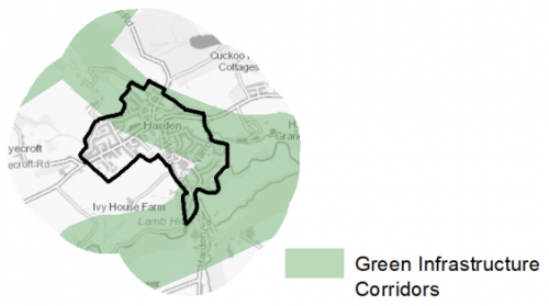 A map indicating the extent of Green Infrastructure Corridors in and around Harden