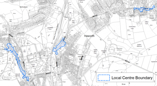 A map indicating the extent of the Local Centre boundaries at Haworth, Mill Hey and Cross Roads.