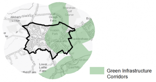 A map indicating the extent of Green Infrastructure Corridors in and around Oakworth