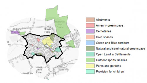 A map indicating the various types of open space in and around Oakworth