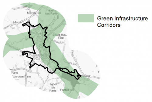 A map indicating the extent of Green Infrastructure Corridors in and around Oxenhope