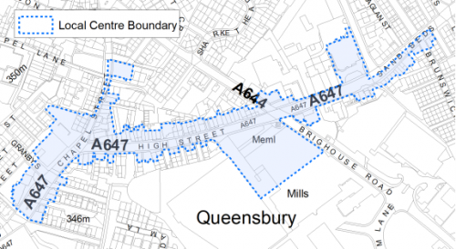 A map indicating the extent of the Local Centre boundary in Queensbury