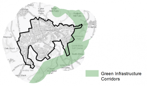 A map indicating the extent of Green Infrastructure Corridors in and around Queensbury