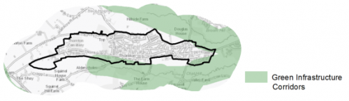 A map indicating the extent of Green Infrastructure Corridors in and around Thornton